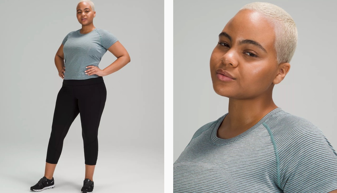 A professional studio photograph of a woman wearing black fitness leggings paired with a gray striped athletic top. The image is presented in a side-by-side format with a full-body shot on the left showing the complete outfit and a close-up portrait on the right. The clean white background and professional lighting highlight the athletic wear.
